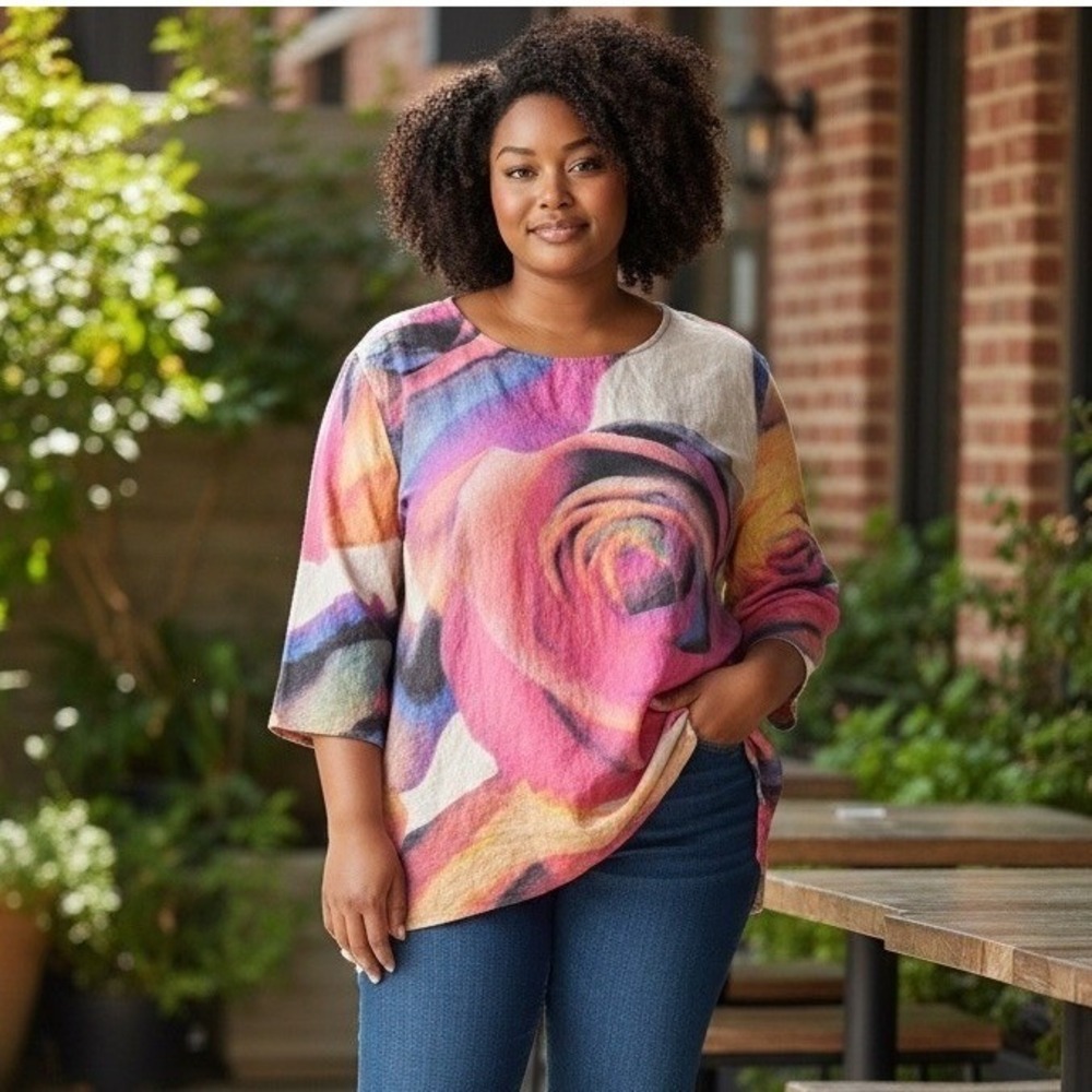 CAROLINE ROSE Linen Tunic Top Art to Wear 3X Floral Linen Lagenlook Luxury